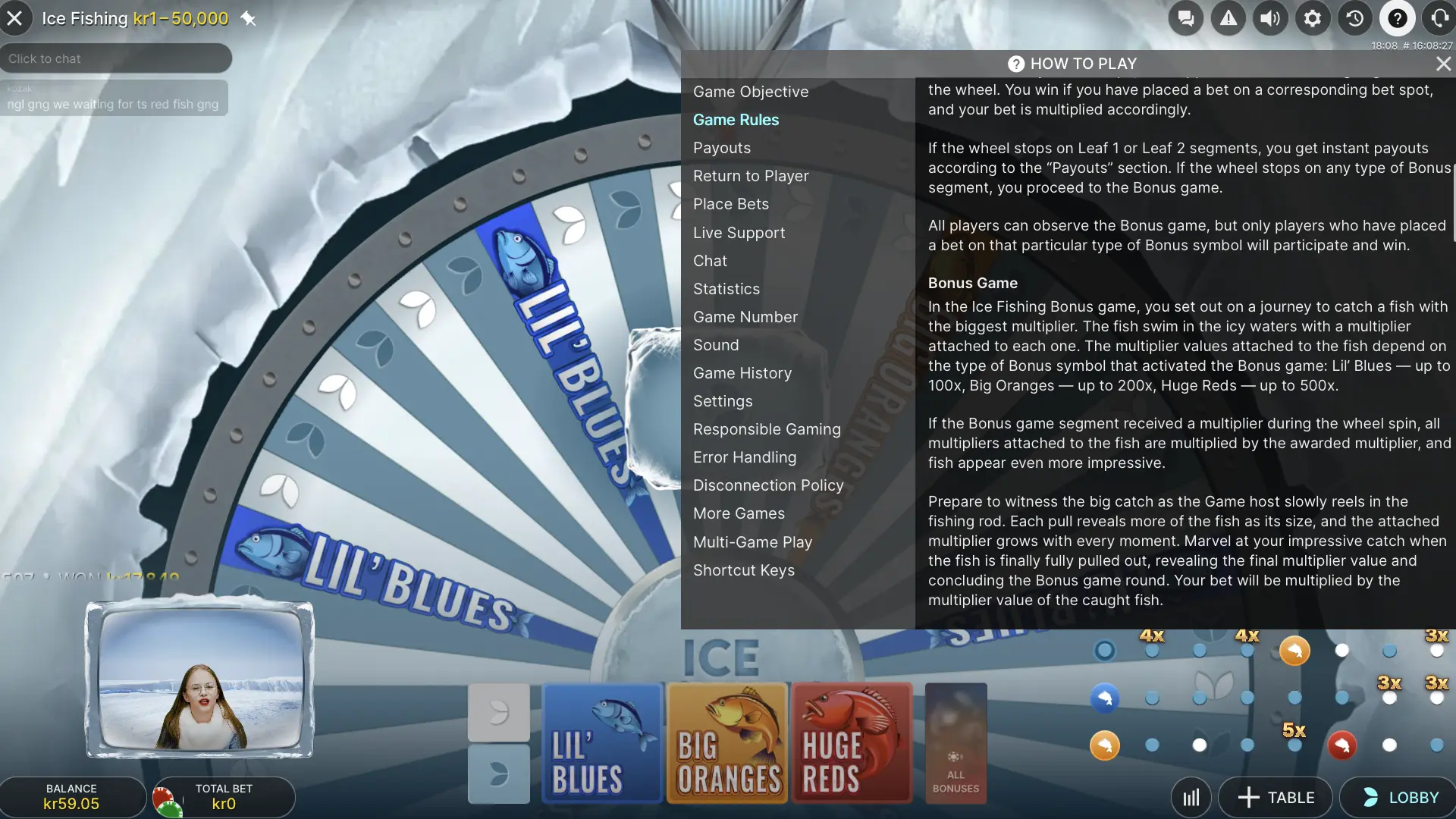 Ice Fishing rules panel describing the wheel result and fishing bonus reveal