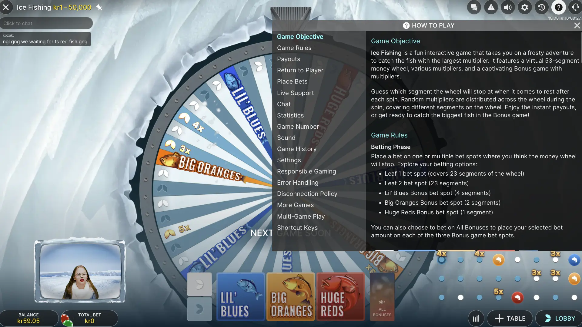 Ice Fishing कैसे खेलें panel open on Game Objective and Game Rules beside the wheel