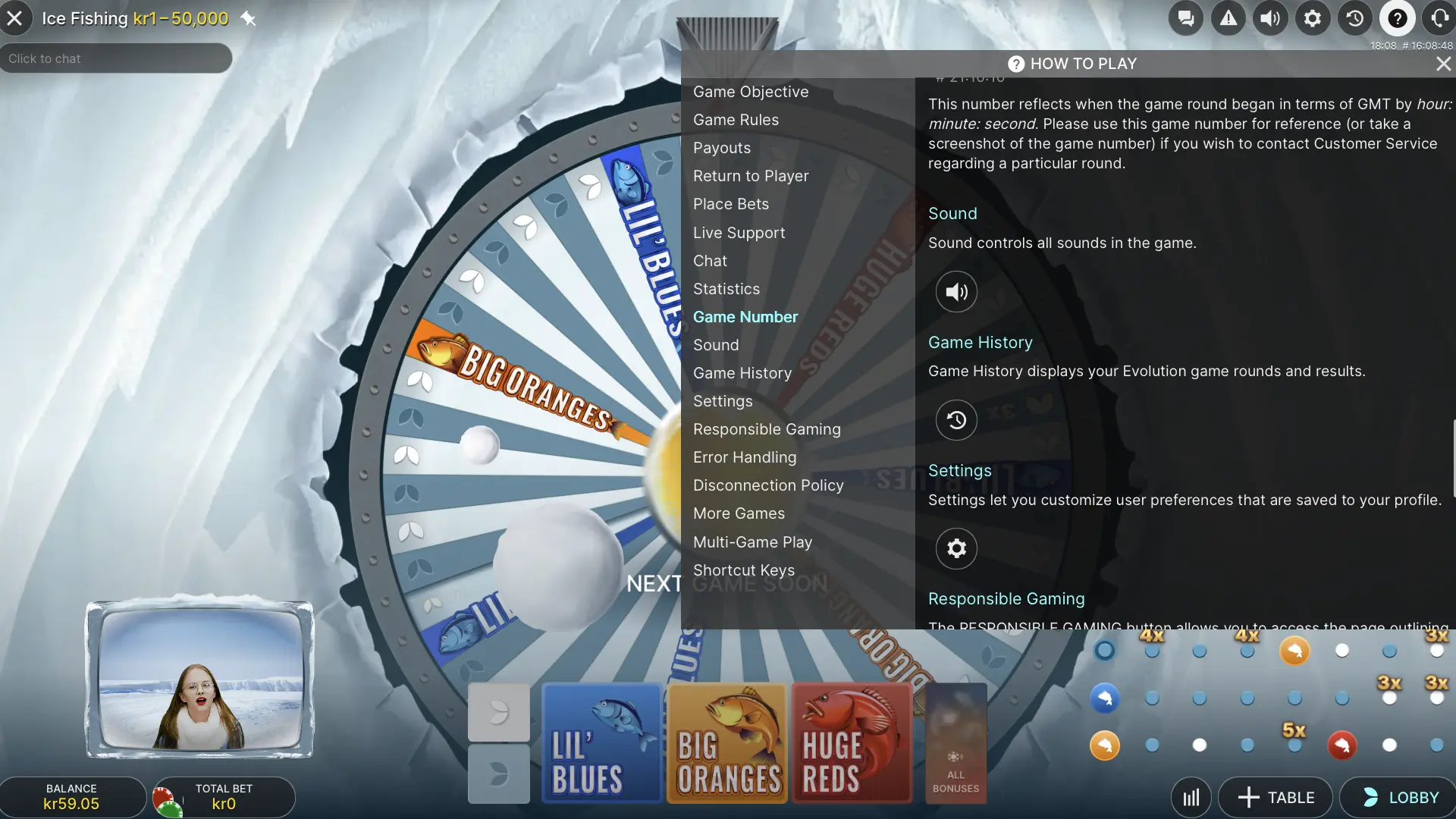 Ice Fishing help panel describing Game Number, Sound, Game History and Settings