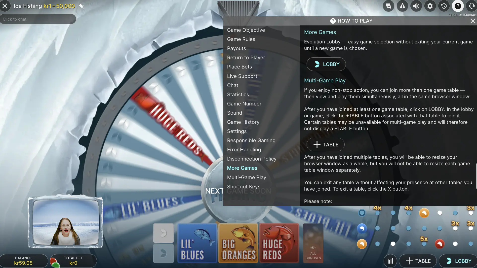 Ice Fishing More Games and Multi-Game Play instructions beside the live wheel interface