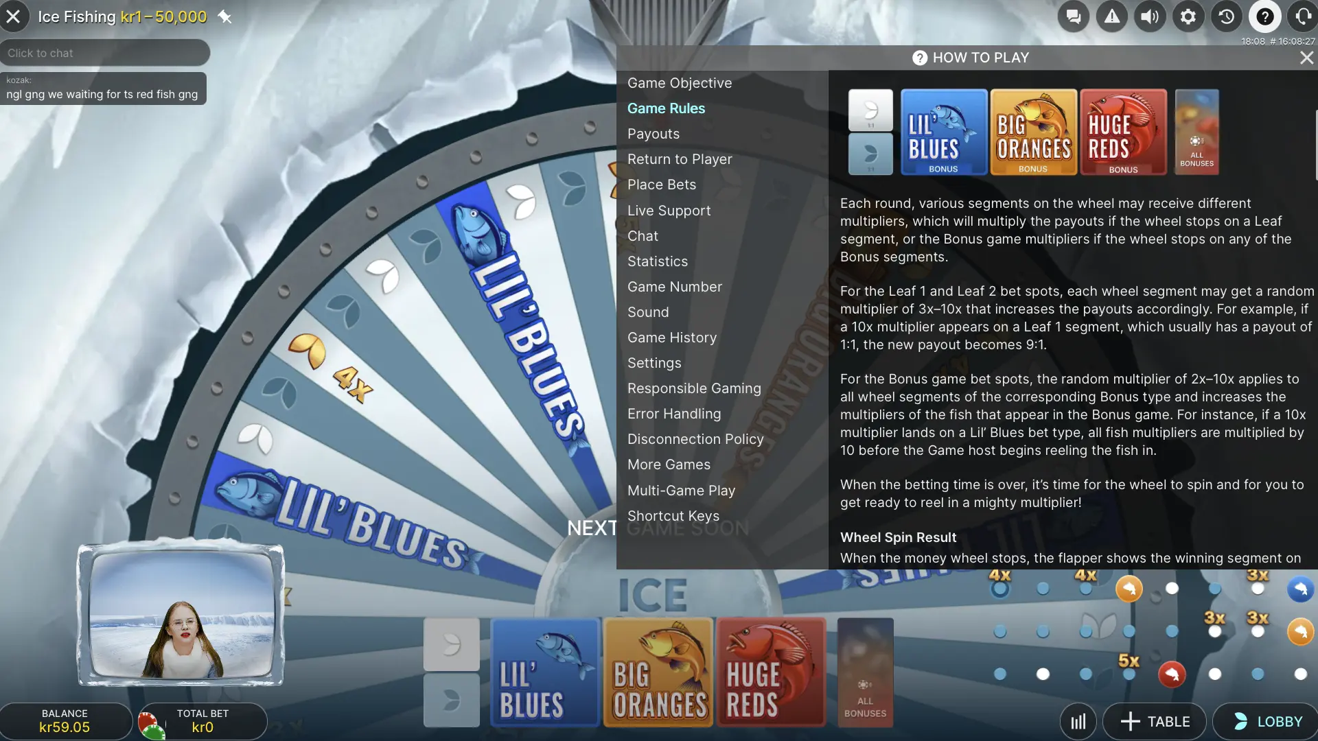Ice Fishing game rules showing the blue, orange and red bonus icons and multiplier explanation