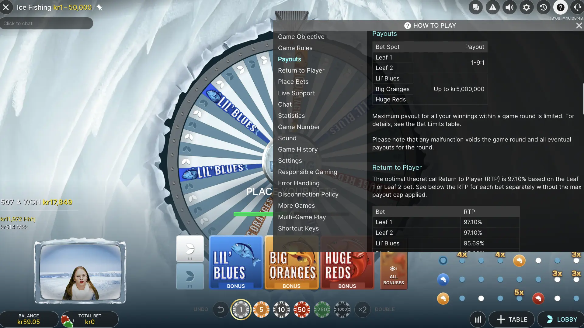 Ice Fishing payouts panel showing Leaf 1 and Leaf 2 payouts and a cap in the screenshot currency