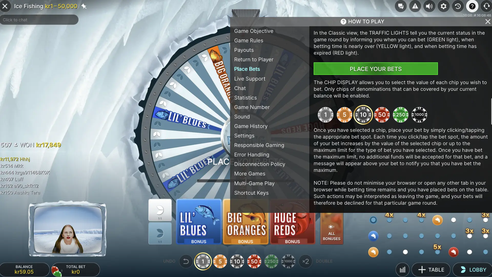 Ice Fishing Place Bets rules with the betting timer, chip denominations and total-bet instructions