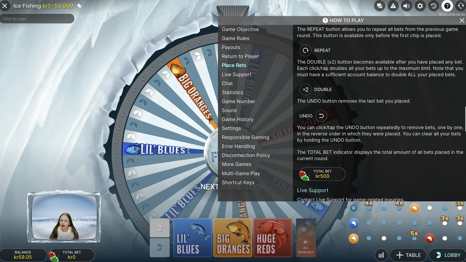 Ice Fishing controls guide explaining Rebet, Double and Undo before betting closes