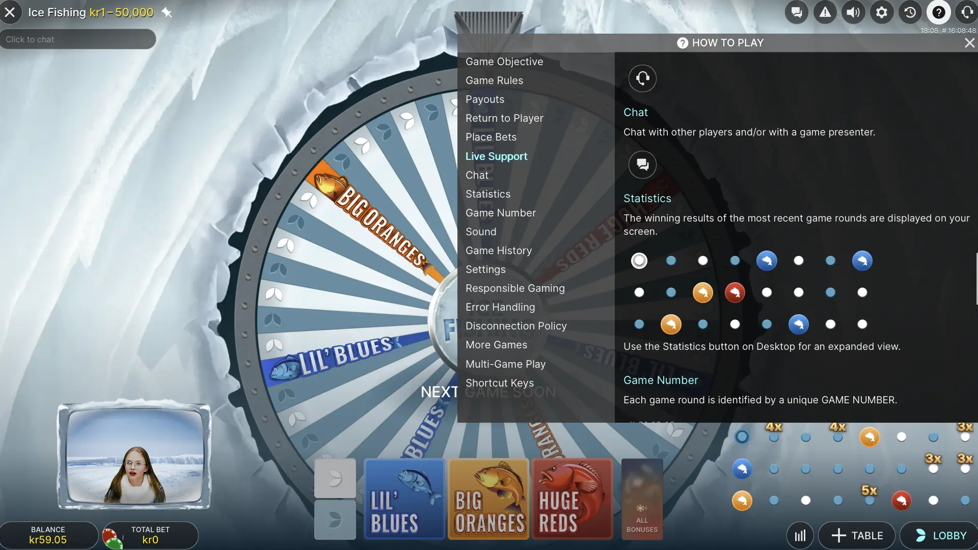 Ice Fishing statistics help with the sequence of recent coloured wheel outcomes and multiplier badges