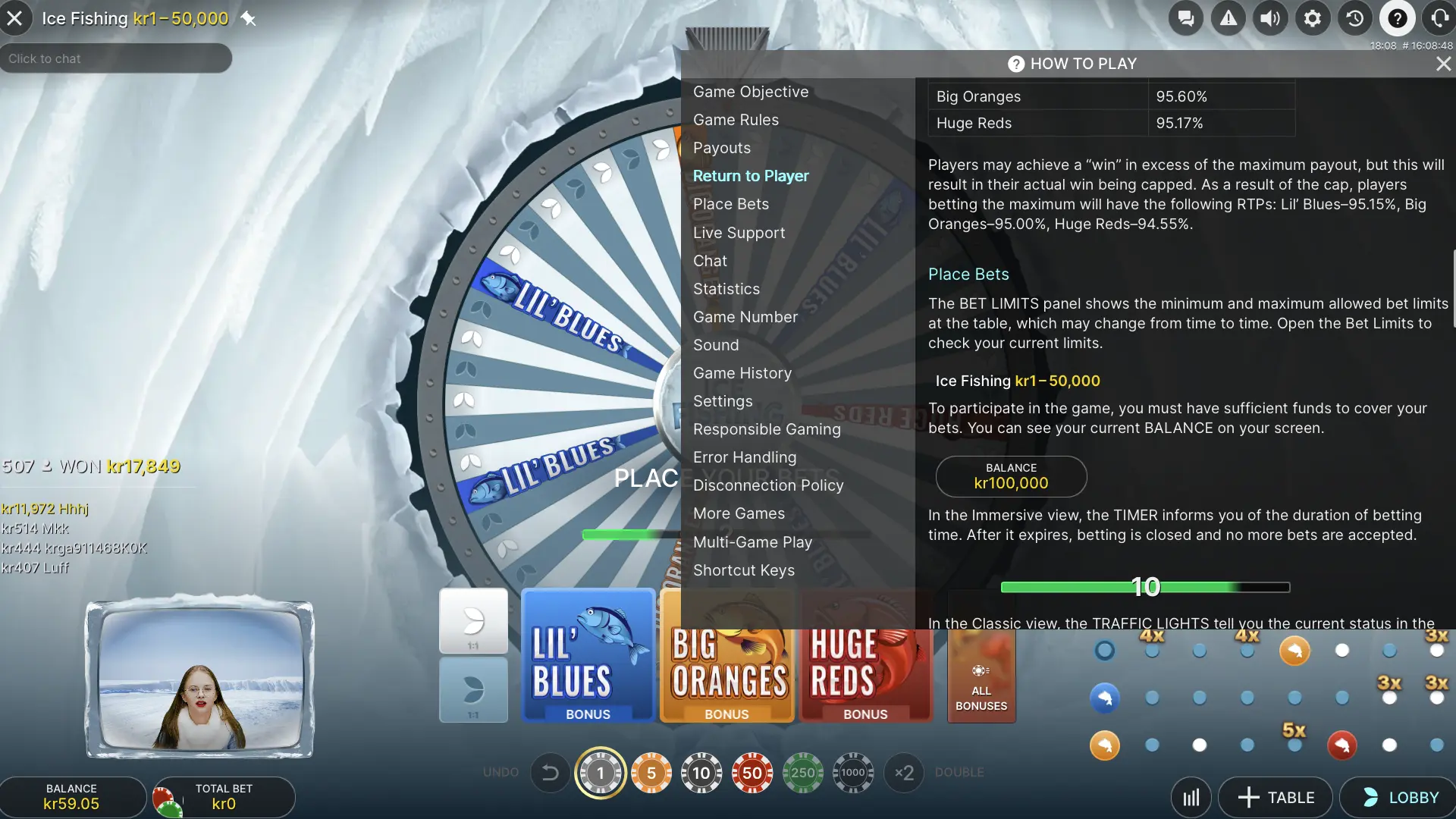 Ice Fishing Return to Player panel showing separate RTP percentages for leaf and fish bets