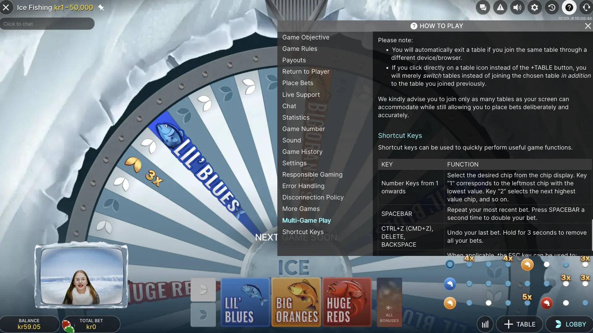 Ice Fishing multi-game instructions explaining table layout and switching between tables