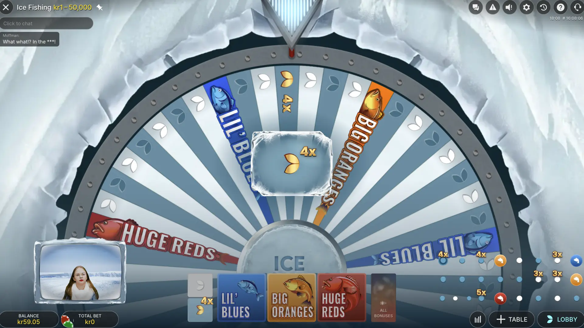 Ice Fishing wheel close-up with a 4x multiplier badge during a round