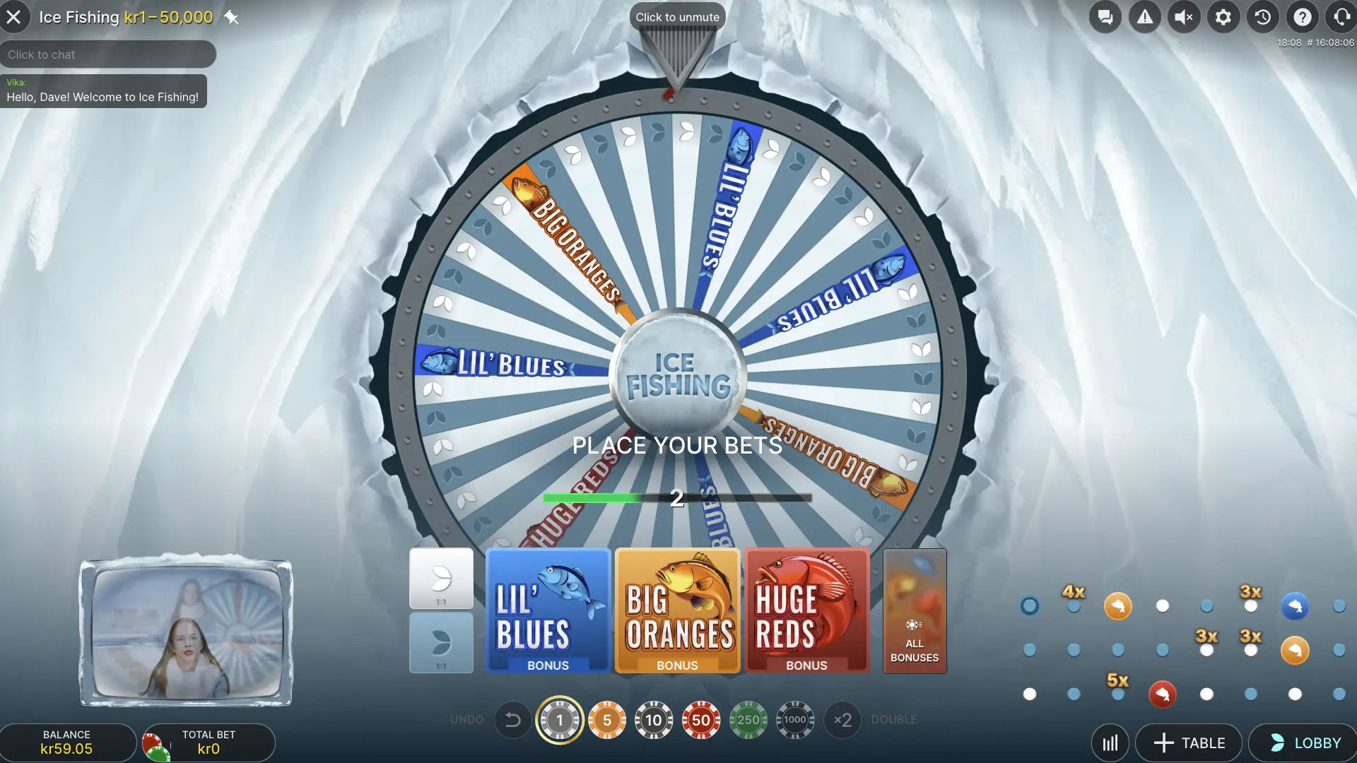 Ice Fishing table showing the 53-segment wheel, host, five bet spots and All बोनसes control